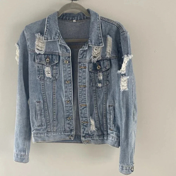 Womens Distressed Denim Jacket - Light Blue Size XS - Picture 8 of 9